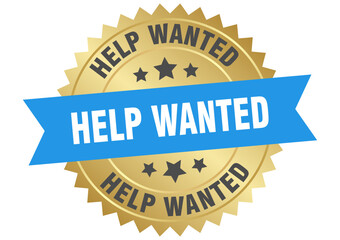 help wanted. help wanted round blue and gold label isolated on transparent background
