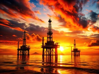 Obraz premium Offshore oil rigs silhouette against a fiery sunset, a captivating rule of thirds composition.
