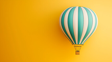 Fototapeta premium Turquoise and white hot air balloon on yellow backdrop