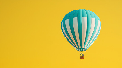 Fototapeta premium Turquoise and white hot air balloon on yellow backdrop