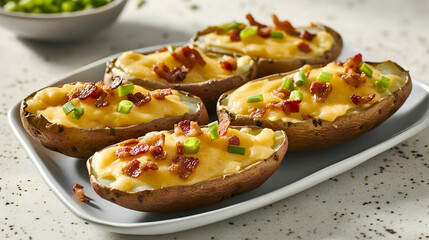 A clean shot of baked potato skins filled with gooey cheddar cheese and crispy bacon bits, garnished with fresh green onions