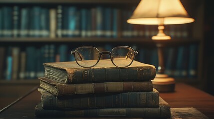 Glasses are lying on old books, against the background of the library, there is a lamp nearby