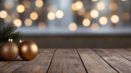 Rustic Wooden Table with Gold Ornaments and Festive Lights, Christmas Decorations, Holiday Background Christmas, Winter