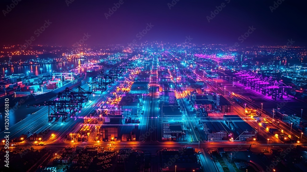 Aufkleber Futuristic aerial perspective of a bustling port with interactive 3D data visualizations and glowing purple blue hues showcasing the advanced logistics and infrastructure of a modern