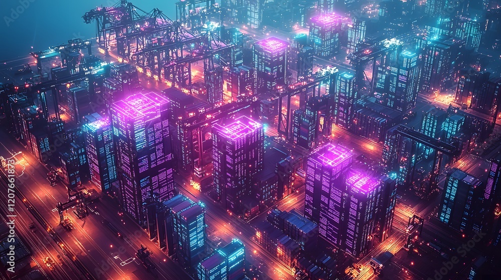 Poster Futuristic aerial view of a shipping port featuring interactive data visualizations integrated with containers and cranes