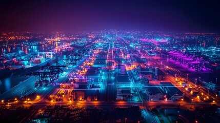 Futuristic aerial perspective of a bustling port with interactive 3D data visualizations and glowing purple blue hues showcasing the advanced logistics and infrastructure of a modern