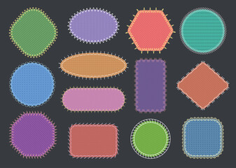 Fabric patches. Geometrical fabric shapes with different stitches recent vector template