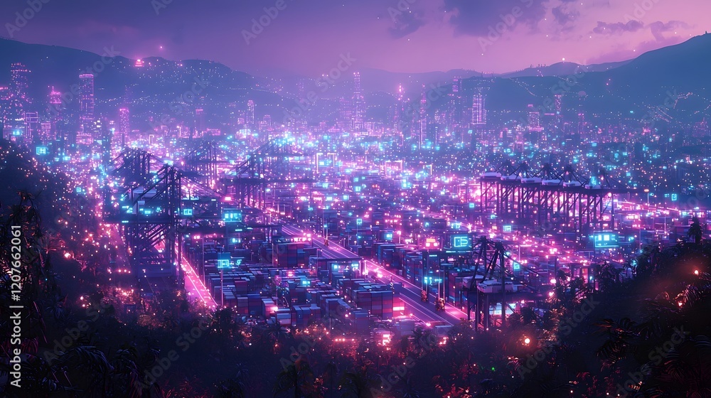 Poster luminous metropolis aerial view of a thriving port city s advanced communication network illuminated