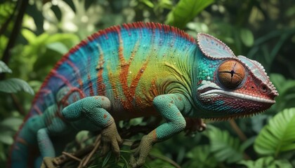 Close-up shot of a colorful chameleon blending into the lush jungle foliage, vibrant, camouflage, exotic, habitat, chameleon