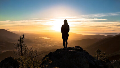 Obraz premium Silhouette of a woman standing on a mountaintop at sunset, overlooking a vast landscape.