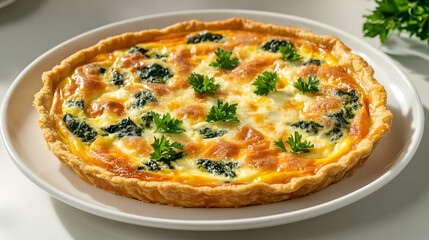 A clean white plate featuring a baked quiche filled with melted cheese and spinach, garnished with parsley under warm studio light