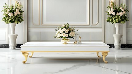 A luxurious, elegant room featuring a white coffee table with gold accents, surrounded by floral arrangements in stylish vases.