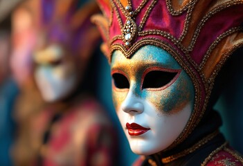 Fototapeta premium Colourful masquerade mask in bright colours on the blurred festive background with bokeh , party, Rio, Venice and Tenerife carnival cocnept