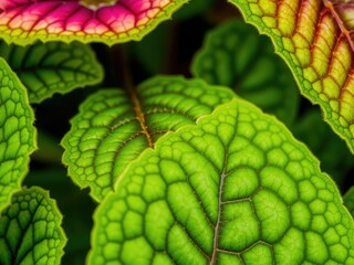 Close-up photo of vibrant green leaves showcasing intricate veins and patterns, botanical, close-up, detail