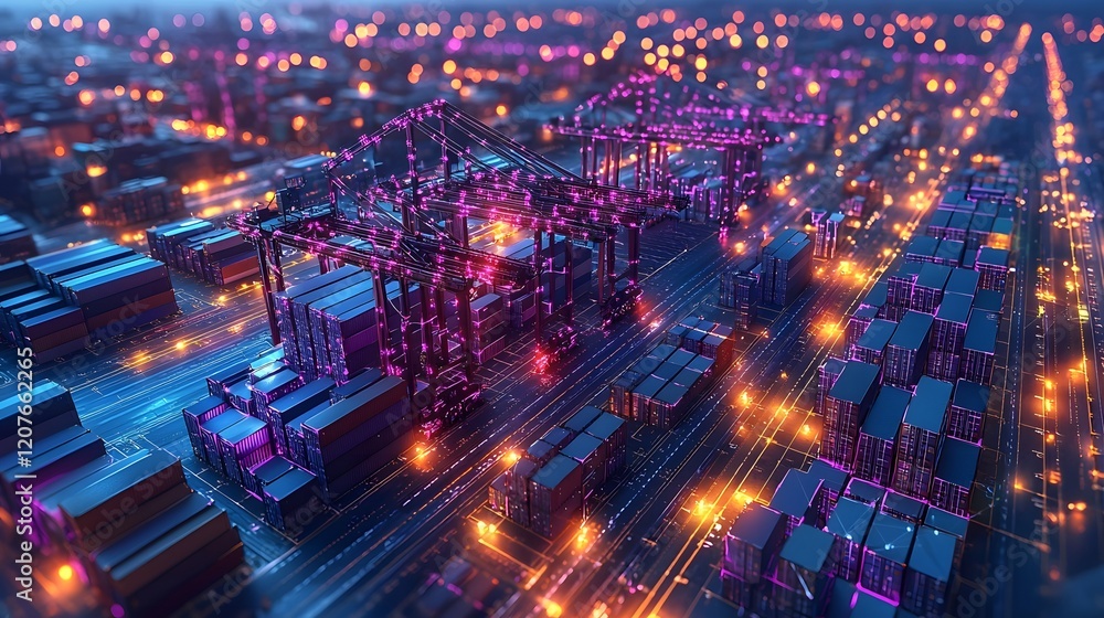 Leinwandbilder Futuristic aerial image of a dynamic port with cranes and cargo containers surrounded by interactive 3D digital elements in vibrant blue and purple tones