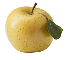 Vibrant Golden Apple with Leaf on White Background