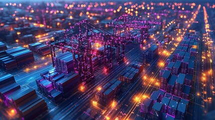 Futuristic aerial image of a dynamic port with cranes and cargo containers surrounded by interactive 3D digital elements in vibrant blue and purple tones