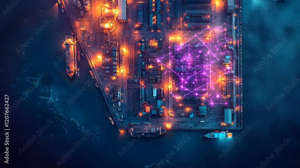 Aufkleber Aerial birds eye view of a modern port with a glowing futuristic digital communication network overlay in shades of vibrant purple and blue creating a conceptual technology driven cityscape