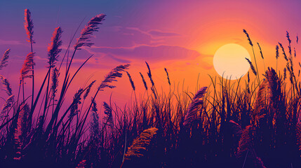 Fototapeta premium sunset silhouette of tall grasses against the backdrop of an orange and purple sky, creating a serene scene with the sun setting behind it