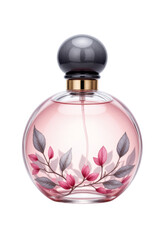 Round perfume bottle with pink liquid and floral design transparent background