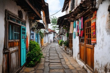 Fototapeta premium The famous Stone Town streets in Zanzibar, with narrow alleyways, intricately carved wooden doors, and colorful textiles hanging above