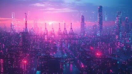 Fototapeta premium Aerial view of a futuristic port city skyline featuring large container cranes and cargo facilities highlighted by interactive 3D digital overlays in vibrant shades of purple and blue