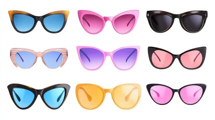A set of fashionable sunglasses in different shapes and colors, isolated on a white background 