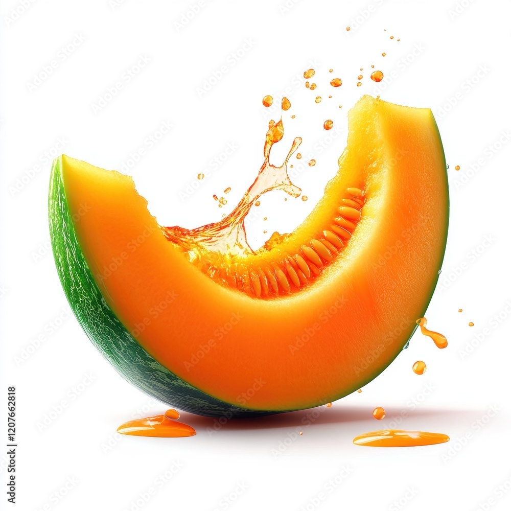 Poster a slice of cantaloupe with a splash of juice on the side