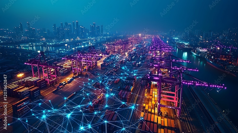 Poster glowing futuristic aerial view of a bustling shipping port at night with advanced communication netw