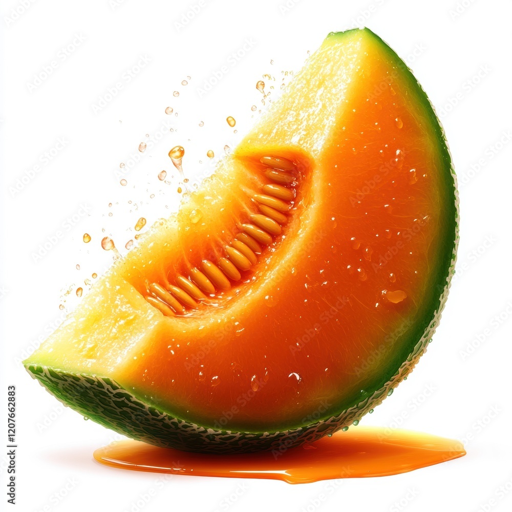 Poster a slice of cantaloupe with a drop of juice on it