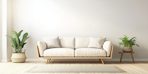 Modern Scandinavian home interior design characterized by an elegant living room featuring a comfortable sofa, mid century furniture, cozy carpet, wooden floor, white walls, and home plants