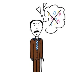 Elderly man in a brown suit and blue tie, with an expression of displeasure