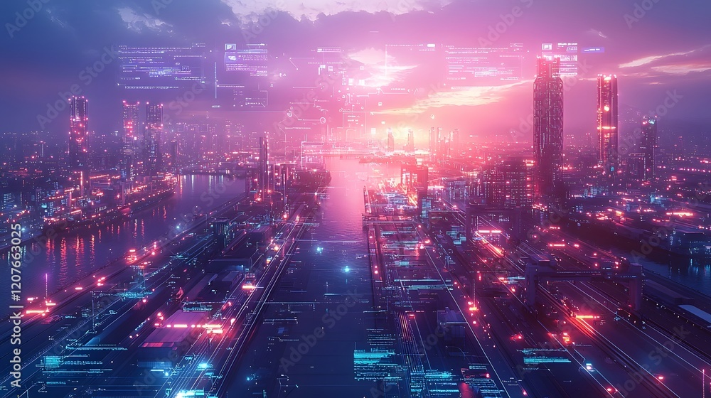 Poster futuristic aerial perspective of a vibrant port city featuring glowing purple blue tones and 3d data
