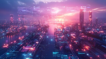 Futuristic aerial perspective of a vibrant port city featuring glowing purple blue tones and 3D data overlays showcasing advanced communication systems and digital infrastructure