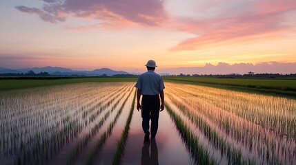 Fototapeta premium Silhouetted Farmer Walks Home at Sunset over Vast Rice Field Countryside Landscape