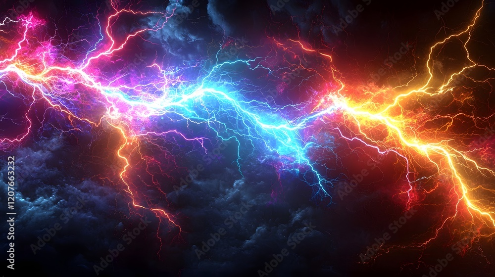 Aufkleber dramatic and vibrant multicolored lightning like electrical sparks glowing and branching across a tr