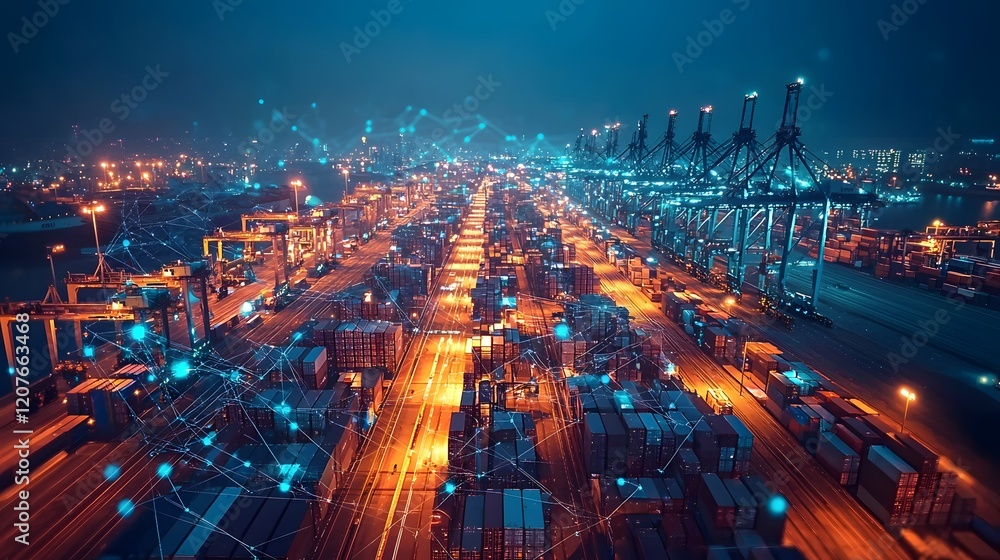 Fototapete Aerial perspective of a thriving industrial port at night with cargo containers and cranes overlaid by advanced 3D data visualizations