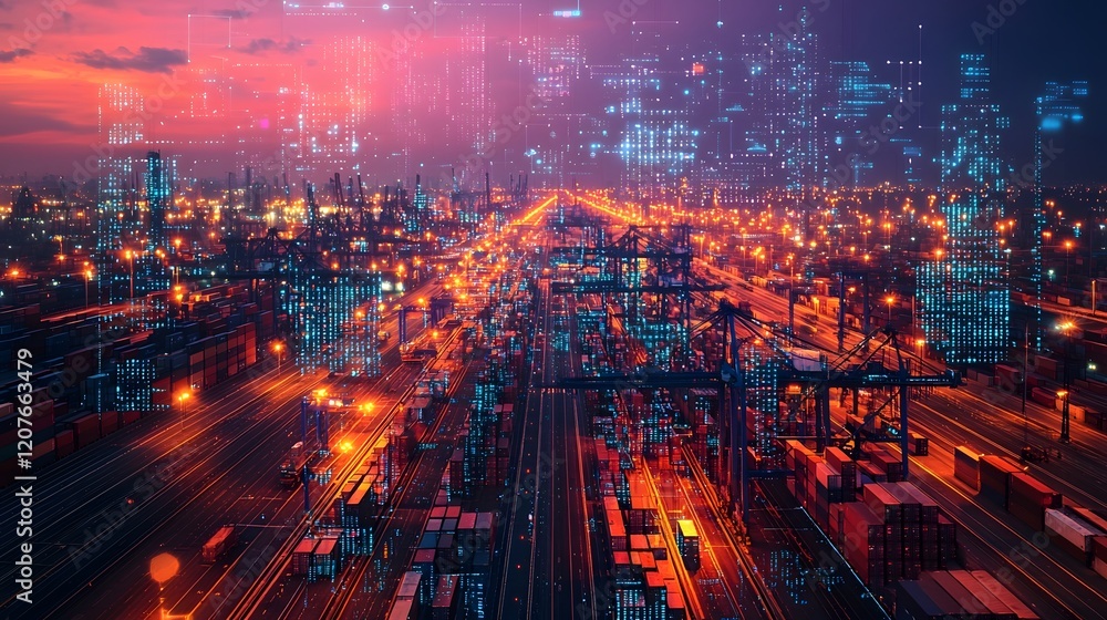 Leinwandbilder Aerial panoramic view of a glowing futuristic city skyline at night with an industrial port and cargo containers below overlaid with advanced 3D data visualizations and digital network patterns
