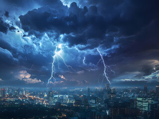 lightning storm city night strike weather stormy  clouds nature climate hurricane natural disaster rainstorm typhoon strong wind heavy rain rainfall destruction damage environment adverse thunderstorm