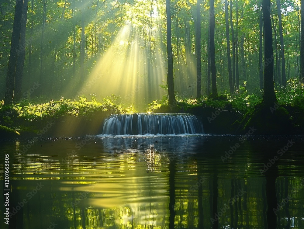 Poster sunbeams filtering through lush forest canopy illuminate a tranquil waterfall cascading into a seren