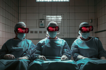 Team of surgeons operating with augmented reality glasses displaying vital signs in real-time.