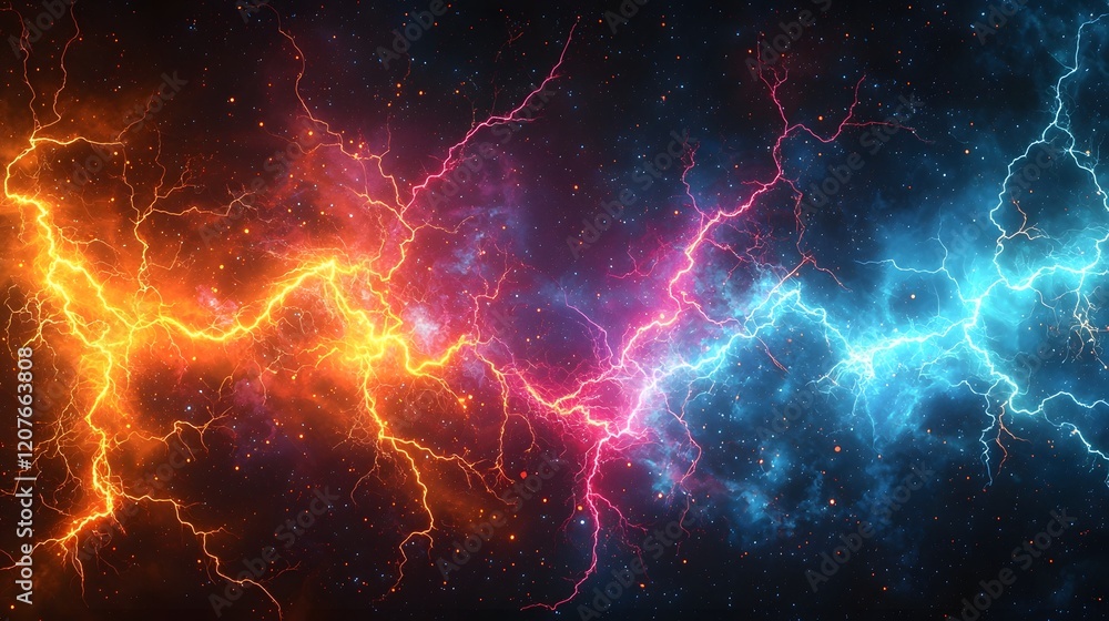 Aufkleber Multicolored glowing electrical sparks with sharp branching forms resembling lightning perfect for futuristic visuals on a transparent background
