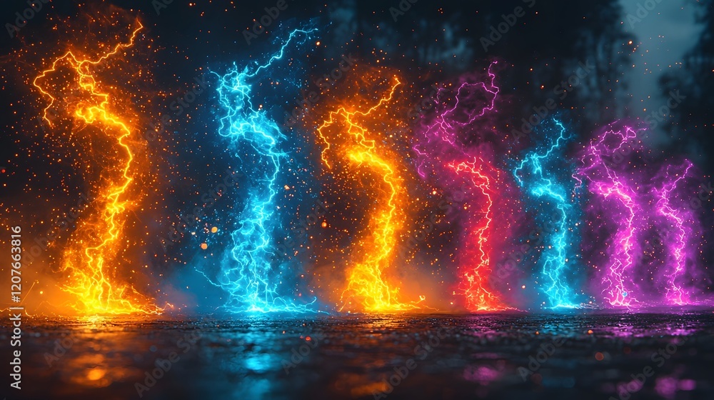 Aufkleber Captivating display of dynamic multicolored electrical sparks and plasma lightning formations against a dark background creating a visually striking and technologically advanced design effect