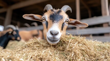 Goats are busy eating hay in their pen, showcasing animal agriculture on a small family farm in the countryside of Tehran, Iran.