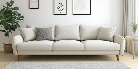 Modern Scandinavian home interior design characterized by an elegant living room featuring a comfortable sofa, mid century furniture, cozy carpet, wooden floor, white walls, and home plants