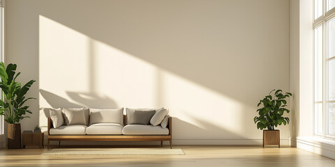 Modern Scandinavian home interior design characterized by an elegant living room featuring a comfortable sofa, mid century furniture, cozy carpet, wooden floor, white walls, and home plants