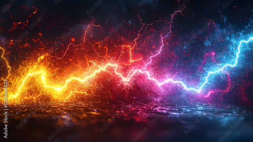 Poster multicolored high intensity electrical sparks and vivid lightning shapes glowing vividly isolated on