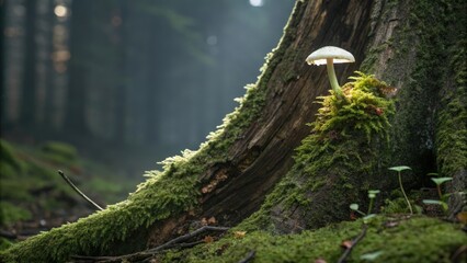 Ancient tree trunk with moss-covered bark and a glowing white fungus growing on top, mossy landscape, mystical atmosphere, eerie lighting,