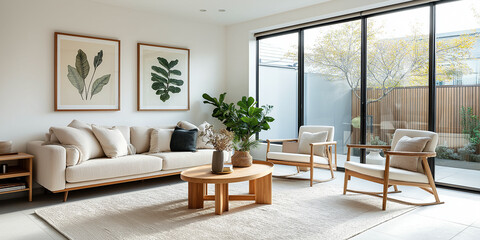 Fototapeta premium Modern Scandinavian home interior design characterized by an elegant living room featuring a comfortable sofa, mid century furniture, cozy carpet, wooden floor, white walls, and home plants