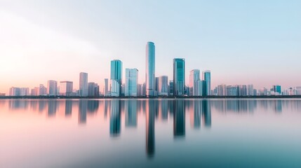 Fototapeta premium Majestic City Skyline Reflected on Tranquil River,Symbolizing Strategic Thinking and Clarity in